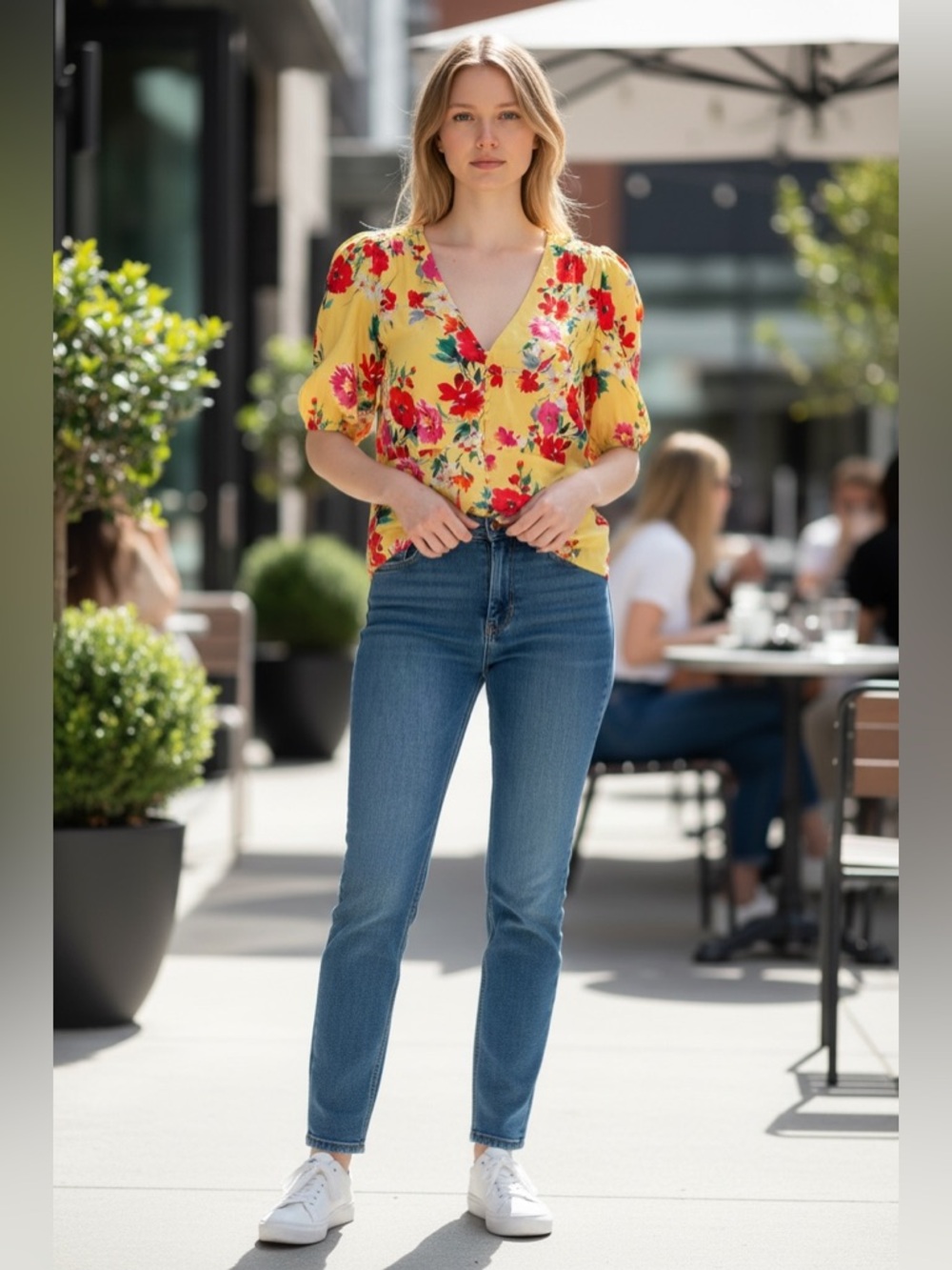 Yumi Kim Yellow Red Floral V-neck Button Up Blouse Size Large